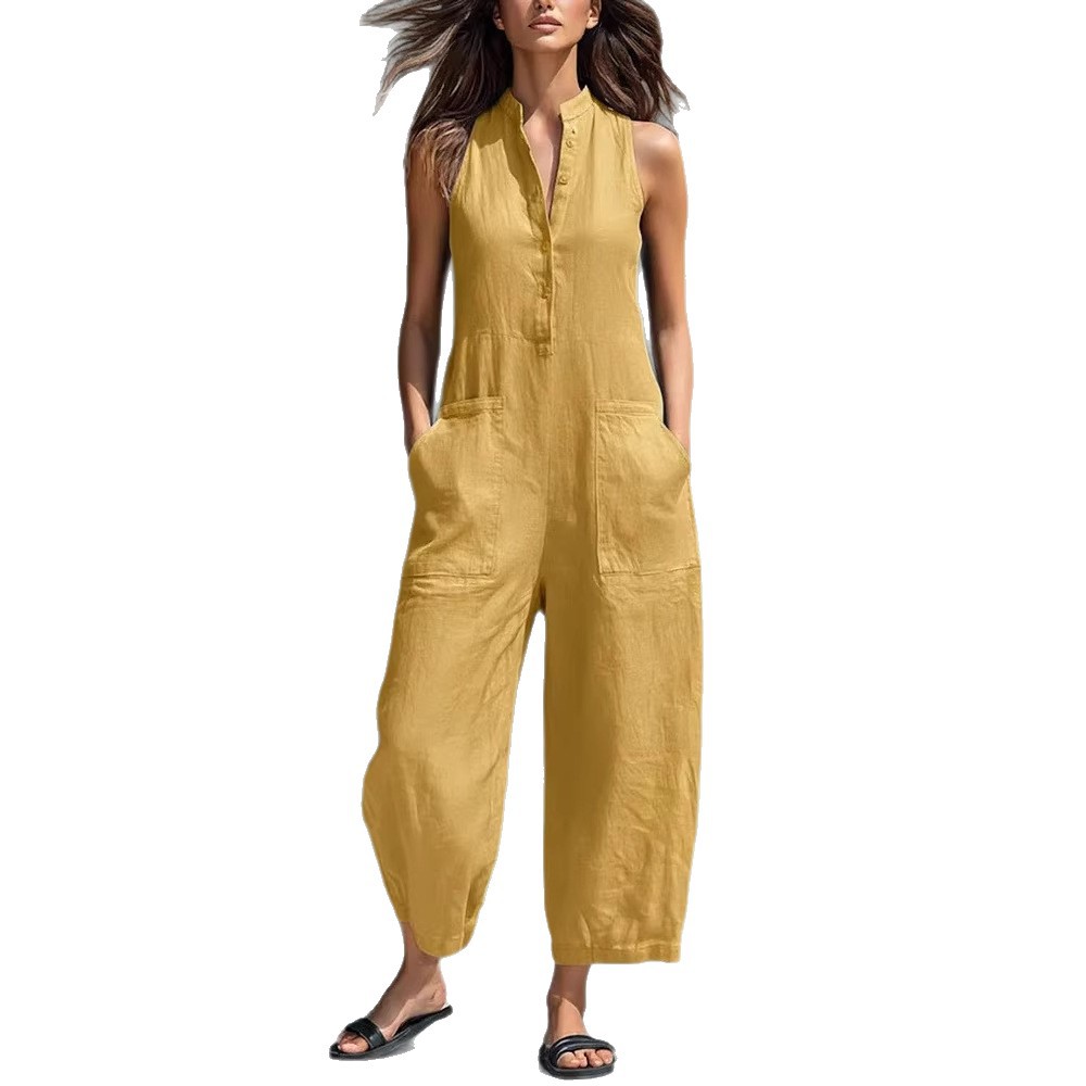 Women's Sleeveless Stand Collar Pocket Jumpsuit