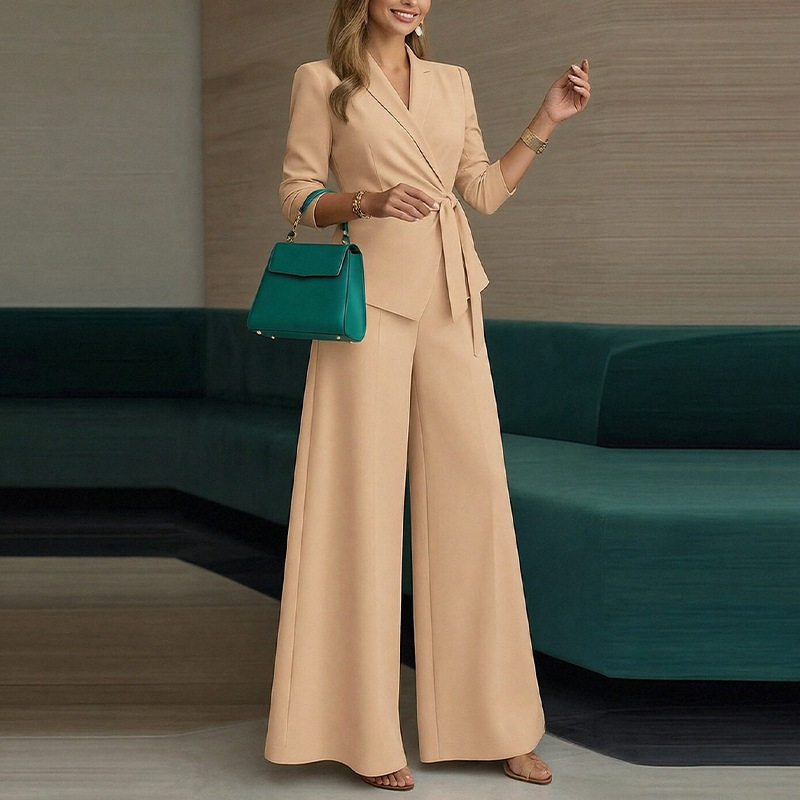 Women's Solid Color Tie Long Sleeve Wide Leg Pants Set