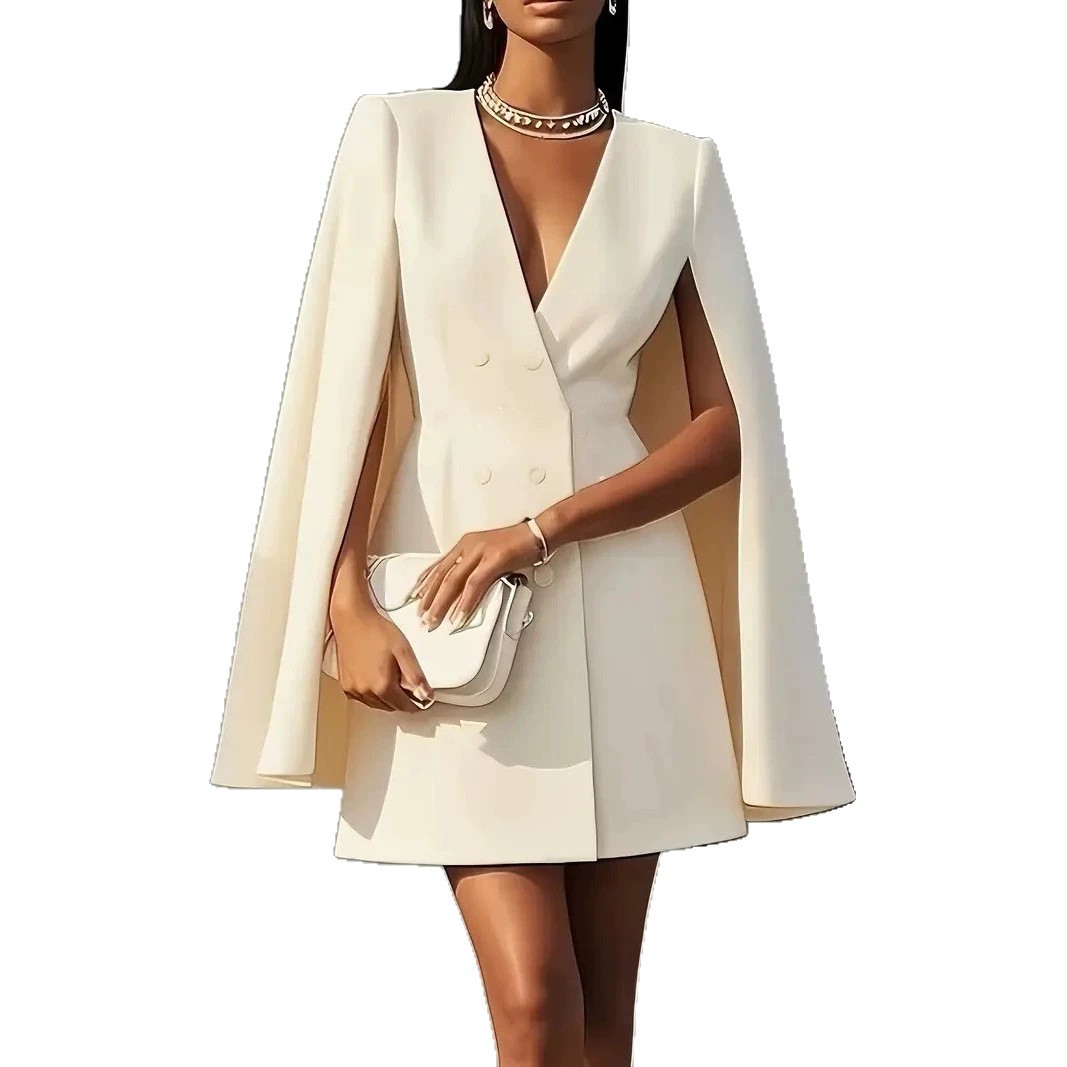 V-Neck Button-Front Cape A-Line Midi Dress