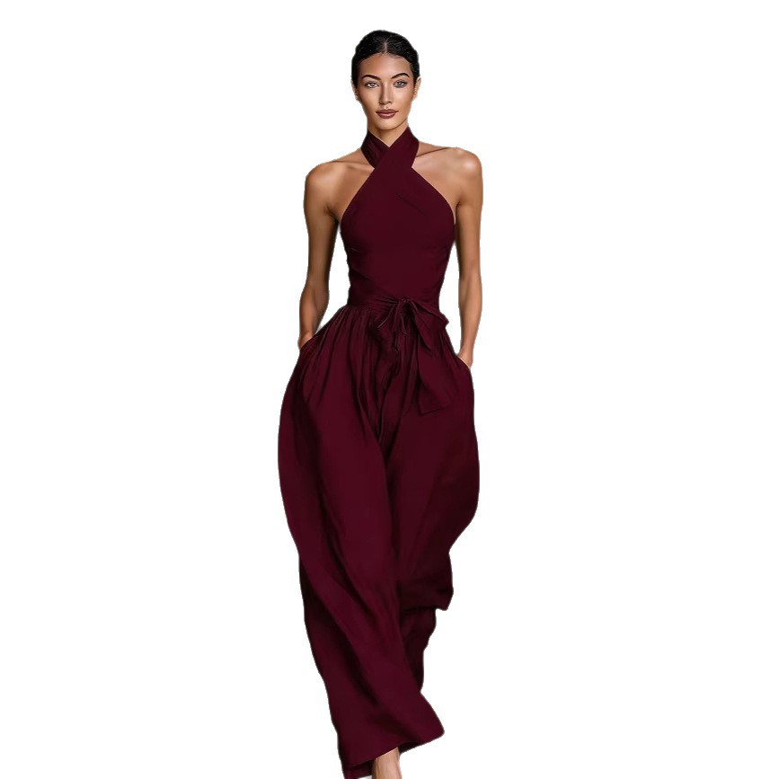 Women's Linen-Blend Cross-Strap Wide-Leg Jumpsuit