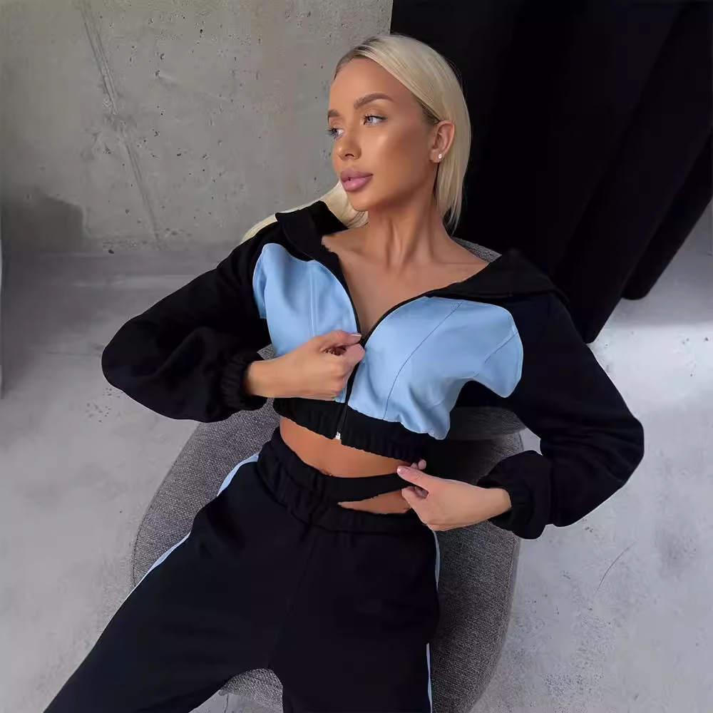 Women's Color-Block Zip Cardigan and Pants Two-Piece Set