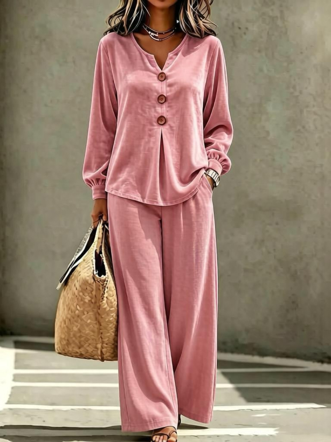 Women's Velvet Button V-Neck Long Sleeve Top and Pants Two-Piece Set
