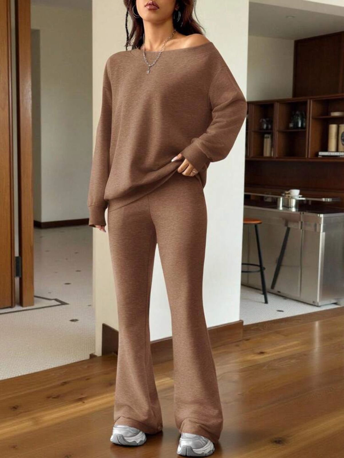 Off-Shoulder Lounge Two-Piece Set with Loose Sweatshirt and Flared Pants