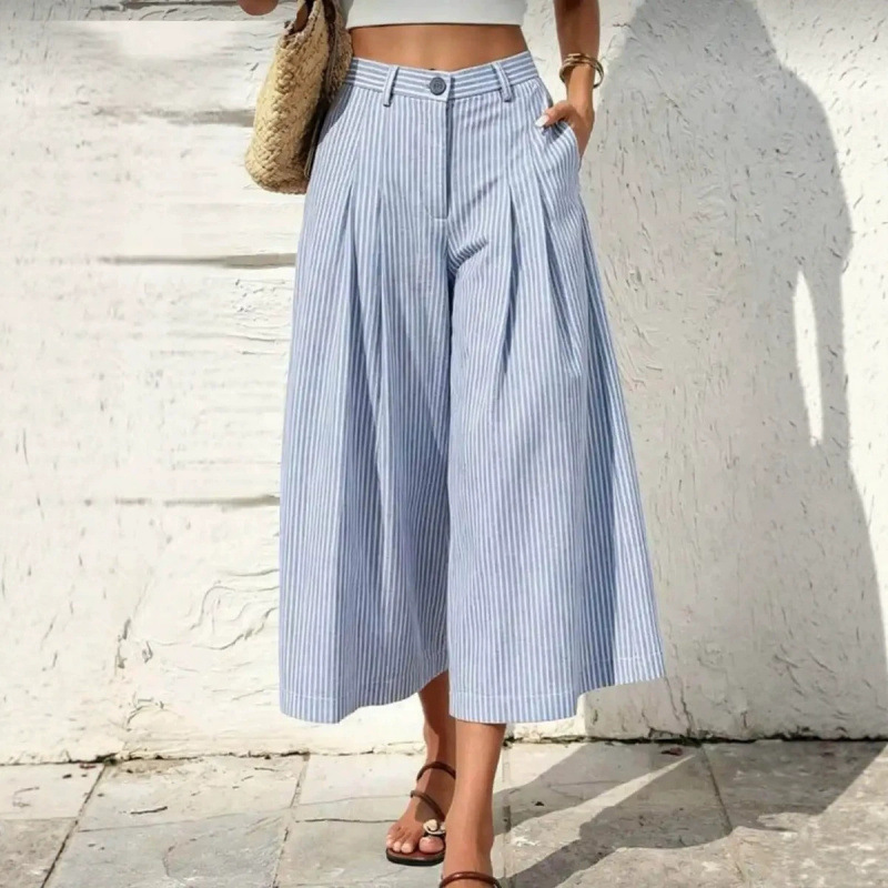 Striped Relaxed-Fit Cropped Casual Pants with Pockets