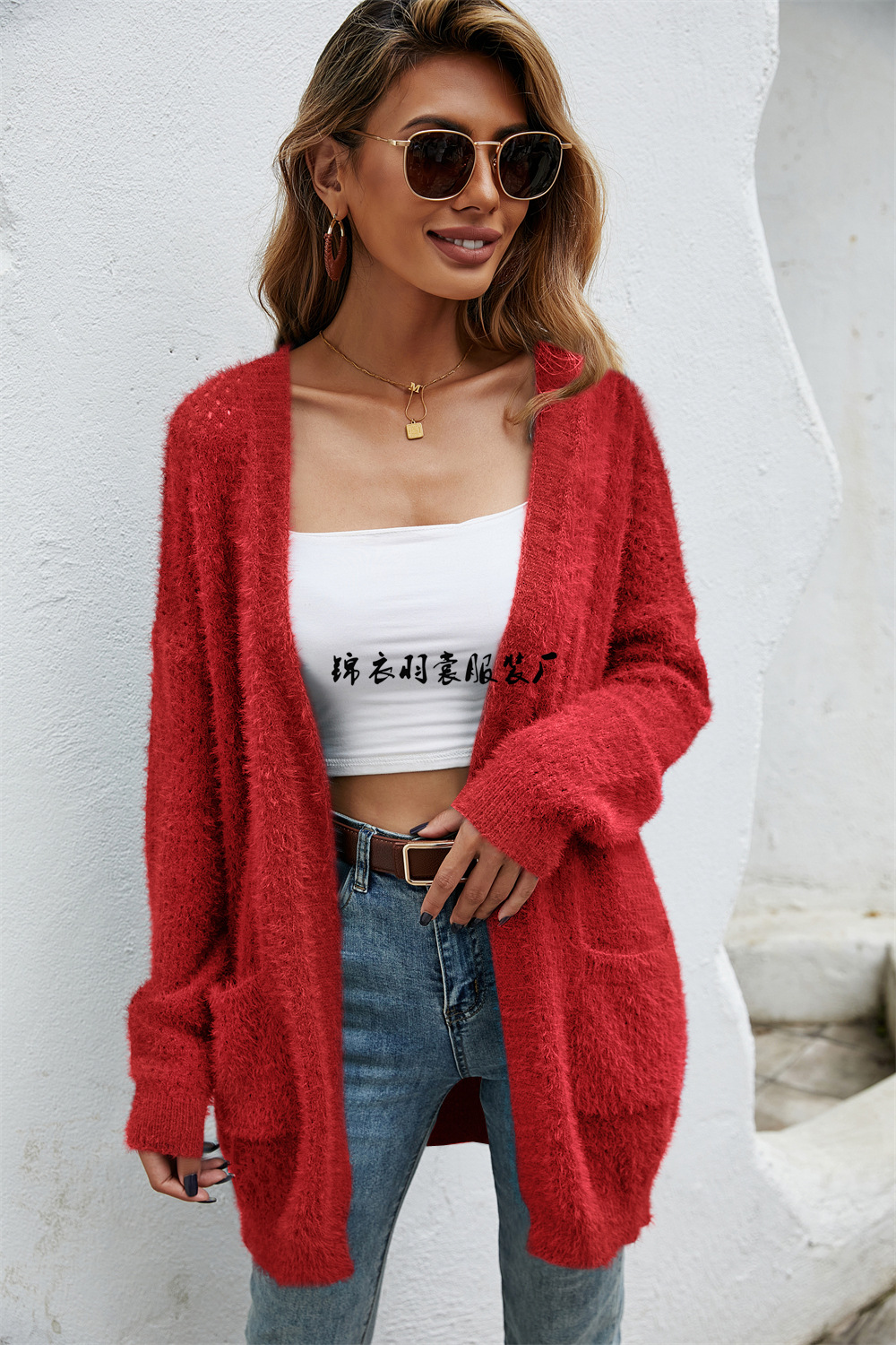 Women's Plus Size Mid-Length Knit Cardigan Open Front Long Sleeve