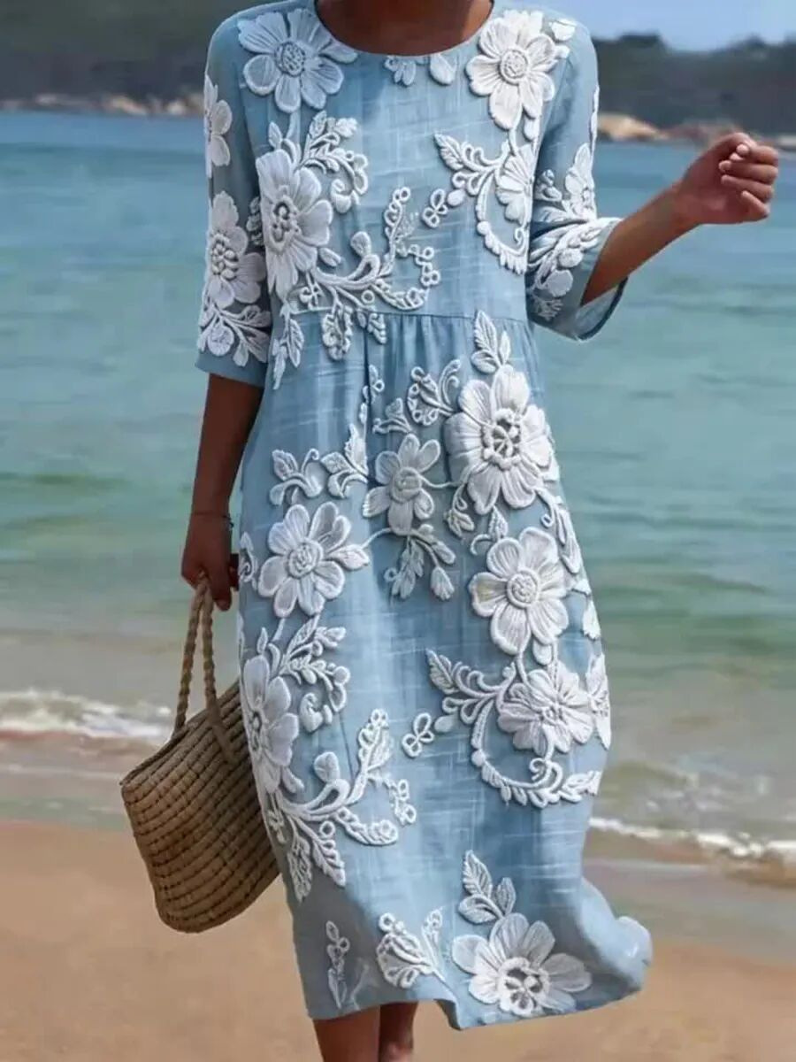 Women's Vintage Floral Print Ruched Midi Dress