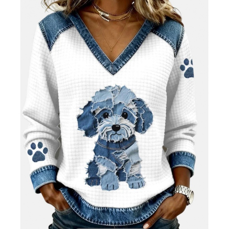 3D Print Colorblock Denim Collar Pullover Sweatshirt Women's Long Sleeve Loose Fit