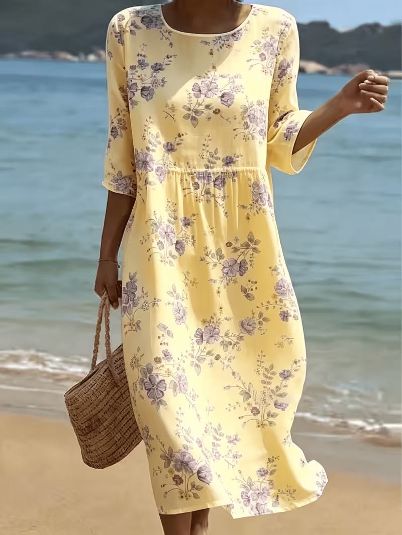 Women's Floral Print Ruched Midi Dress Crew Neck Half Sleeve
