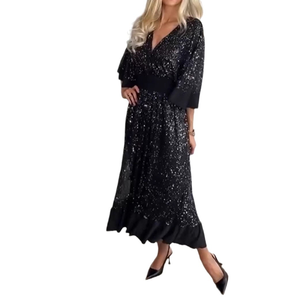 V-Neck Sequin High-Waist Long Dress