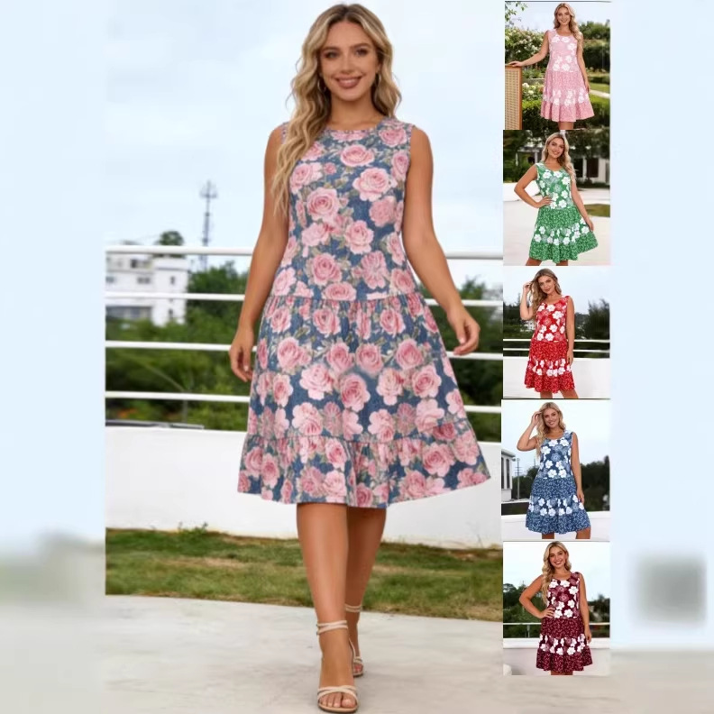 Floral Sleeveless Tiered Dress Summer Loose Fit