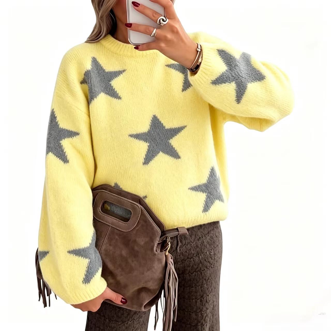 Women's Star Jacquard Drop Shoulder Lantern Sleeve Sweater