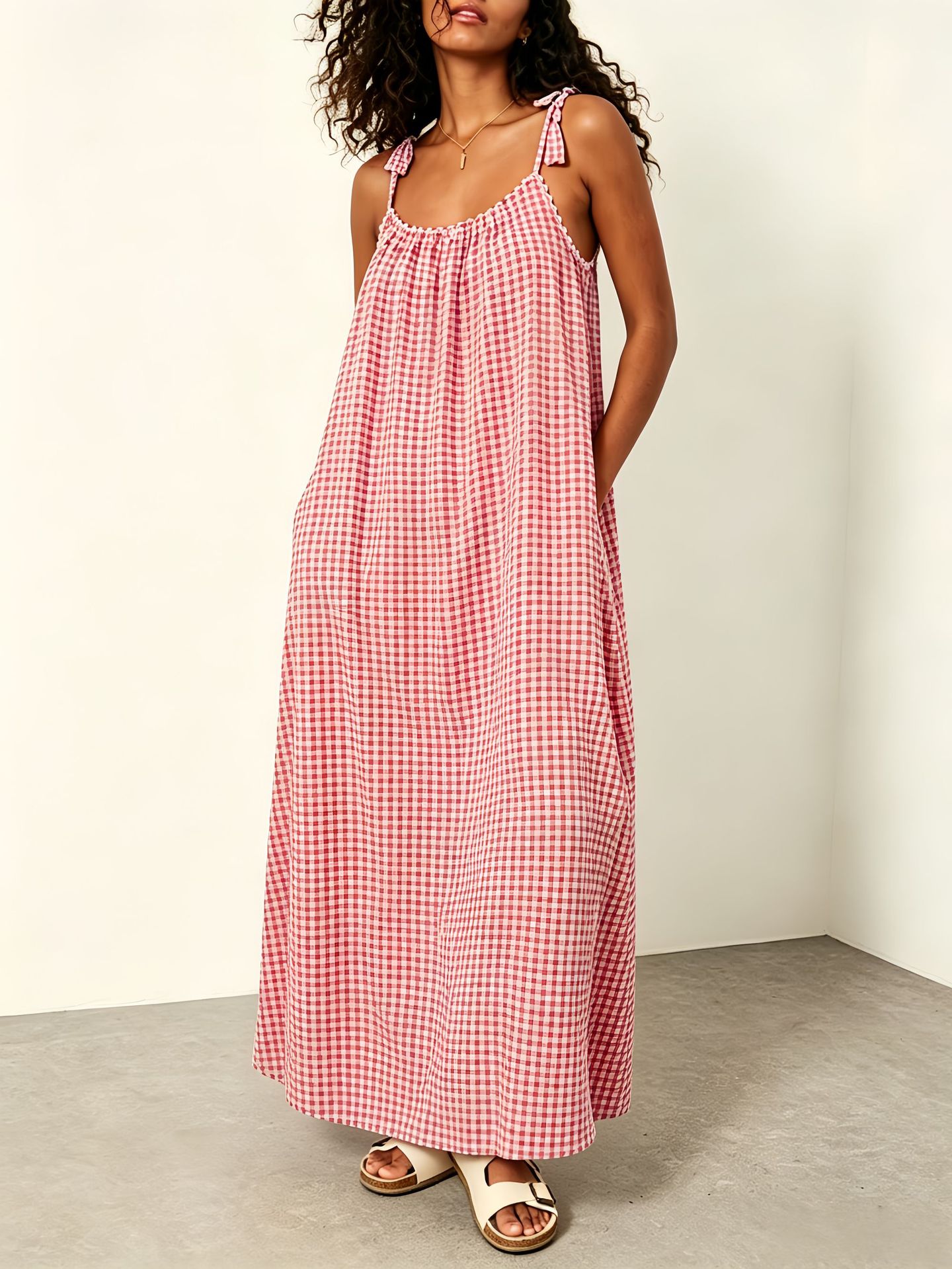 Women's Summer Sleeveless Plaid Maxi Dress Casual Loose Fit