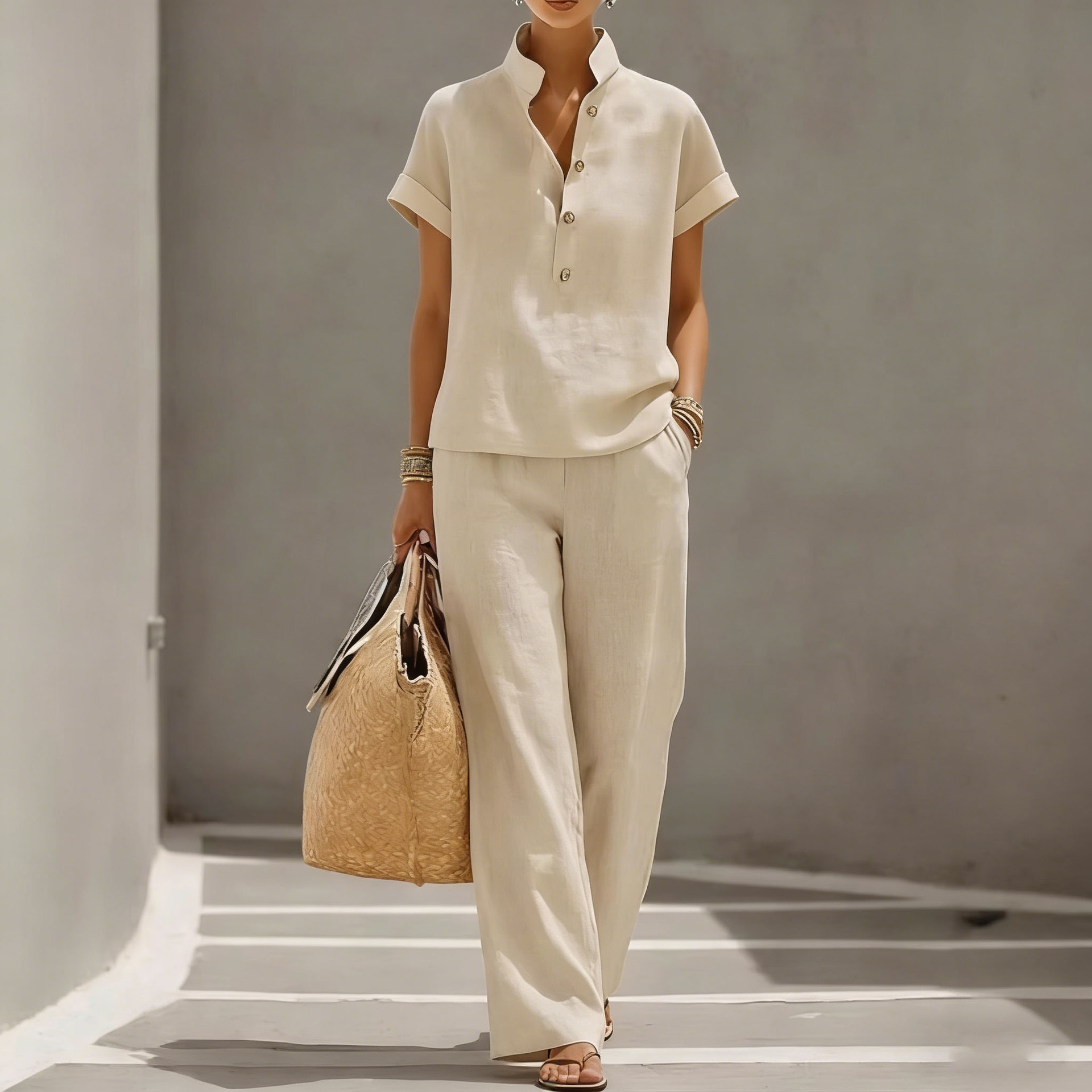 Women's Casual Open-Front Cardigan & Pants Set Solid Color