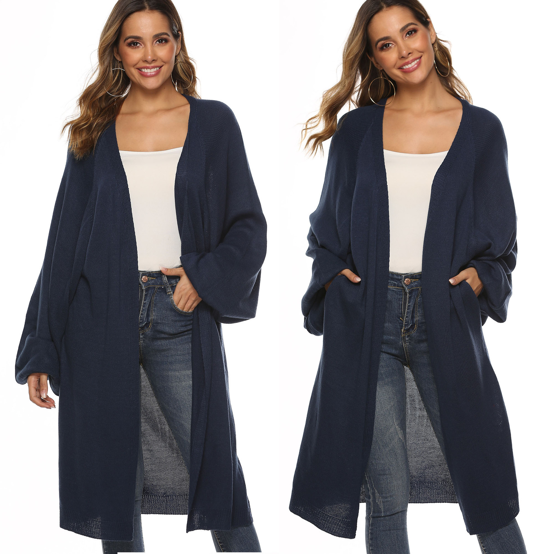 Women's Solid Color Bell Sleeve Batwing Loose Midi Knit Cardigan
