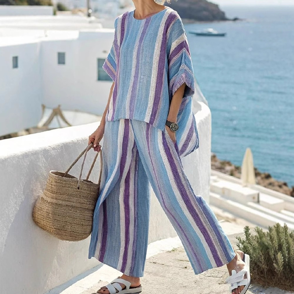 Striped Color-Block Half-Sleeve Top and Straight-Leg Pants Set