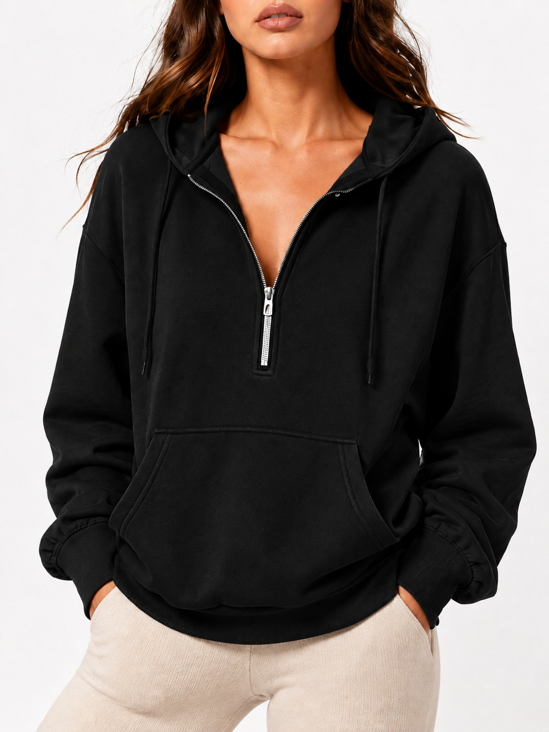 2026 Fall New Cross-Border European and American Loose Hooded Half-Zip Pocket Fall Winter Casual Sweatshirt Women's