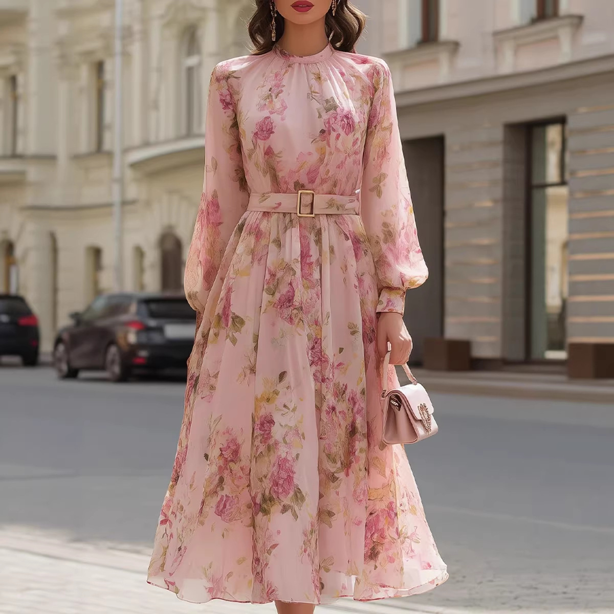 Floral Print Long Sleeve Tie-Waist Midi Dress