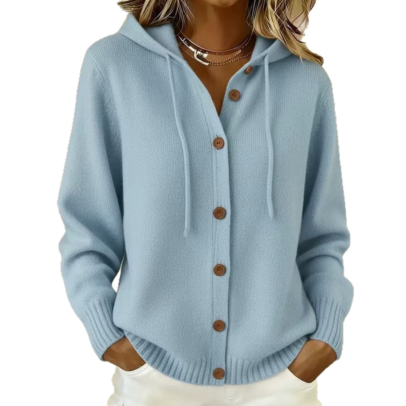 Button-Up Knit Hooded Cardigan Sweater Coat Solid Color Casual Women's