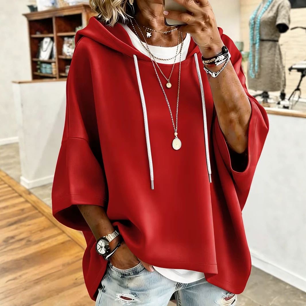 Women's Solid Print Oversized Hoodie with Large Neckline