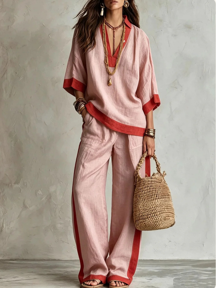 Color-Block Linen Blend Lounge Set – V-Neck Top & Wide-Leg Pants