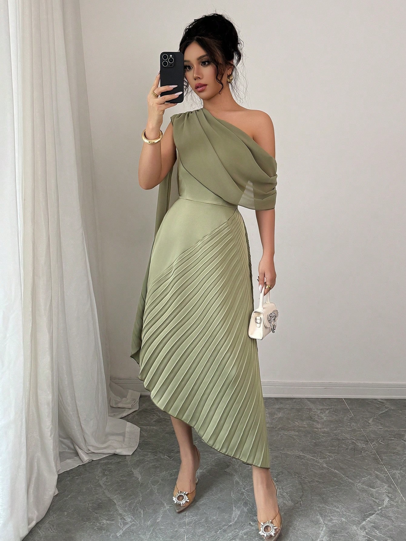Women's One-Shoulder Ribbon Pleated Midi Dress Elegant Party Gown