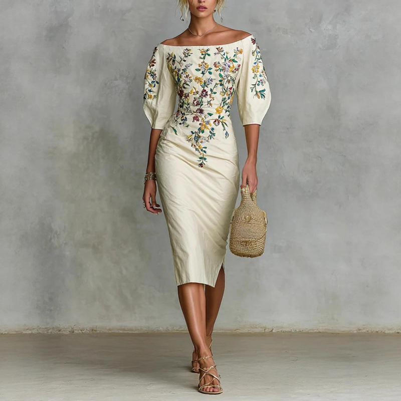 Off-Shoulder Faux Suede Bodycon Midi Dress with Lantern Sleeves
