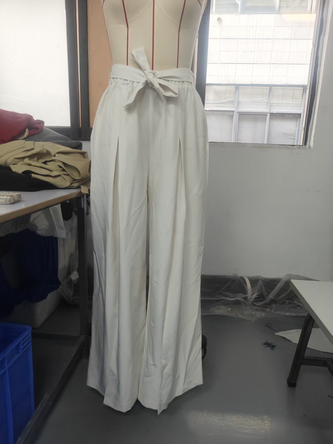 High-Waist Tie-Front Split Wide-Leg Pants with Elastic Waist