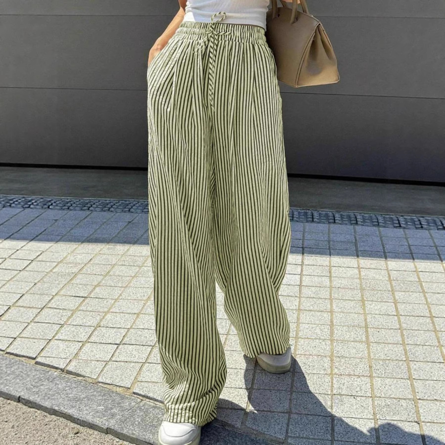 Striped Wide-Leg Drawstring Pocket Casual Straight Pants for Women