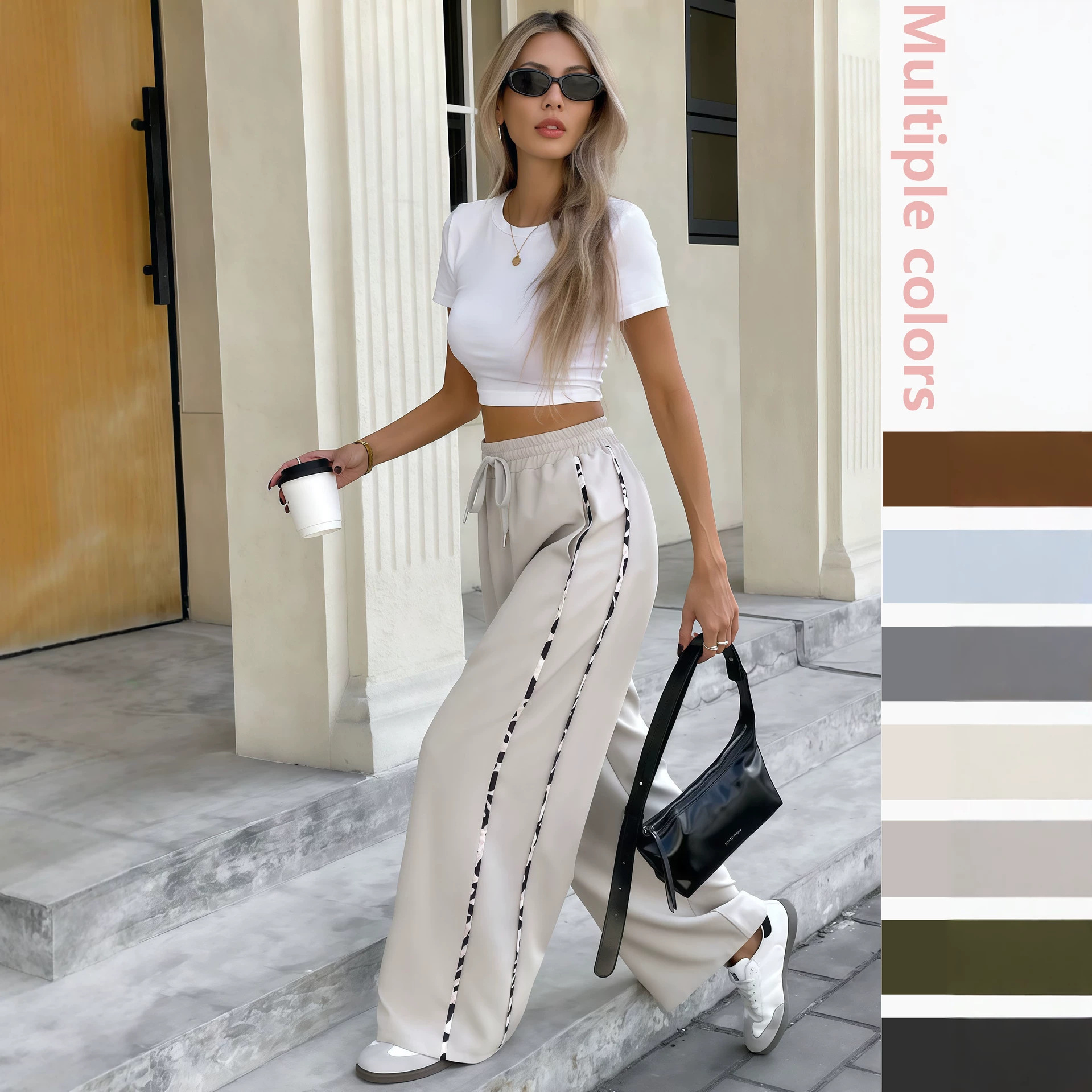 Women's Drawstring Waist Wide Leg Pants Leopard Print Patchwork