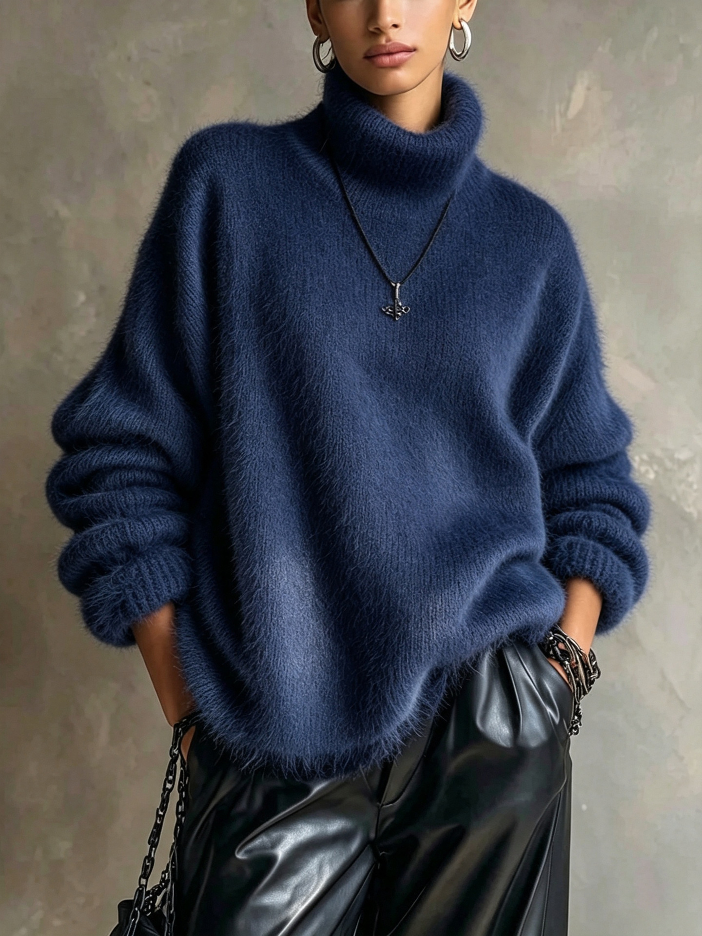 Women's Oversized Fuzzy High-Neck Knit Sweater
