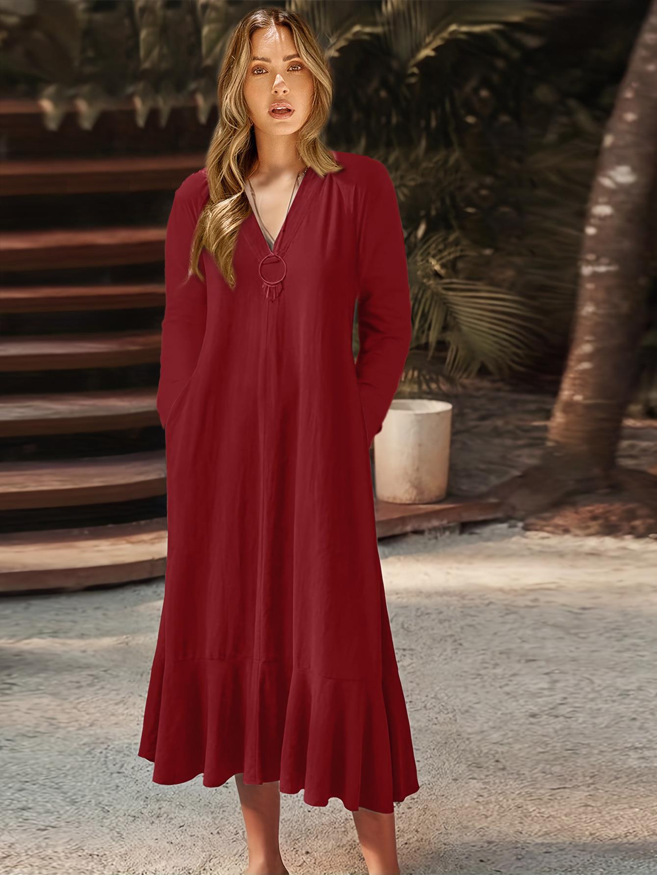 Women's Solid V-Neck Tie Long Sleeve A-Line Long Dress