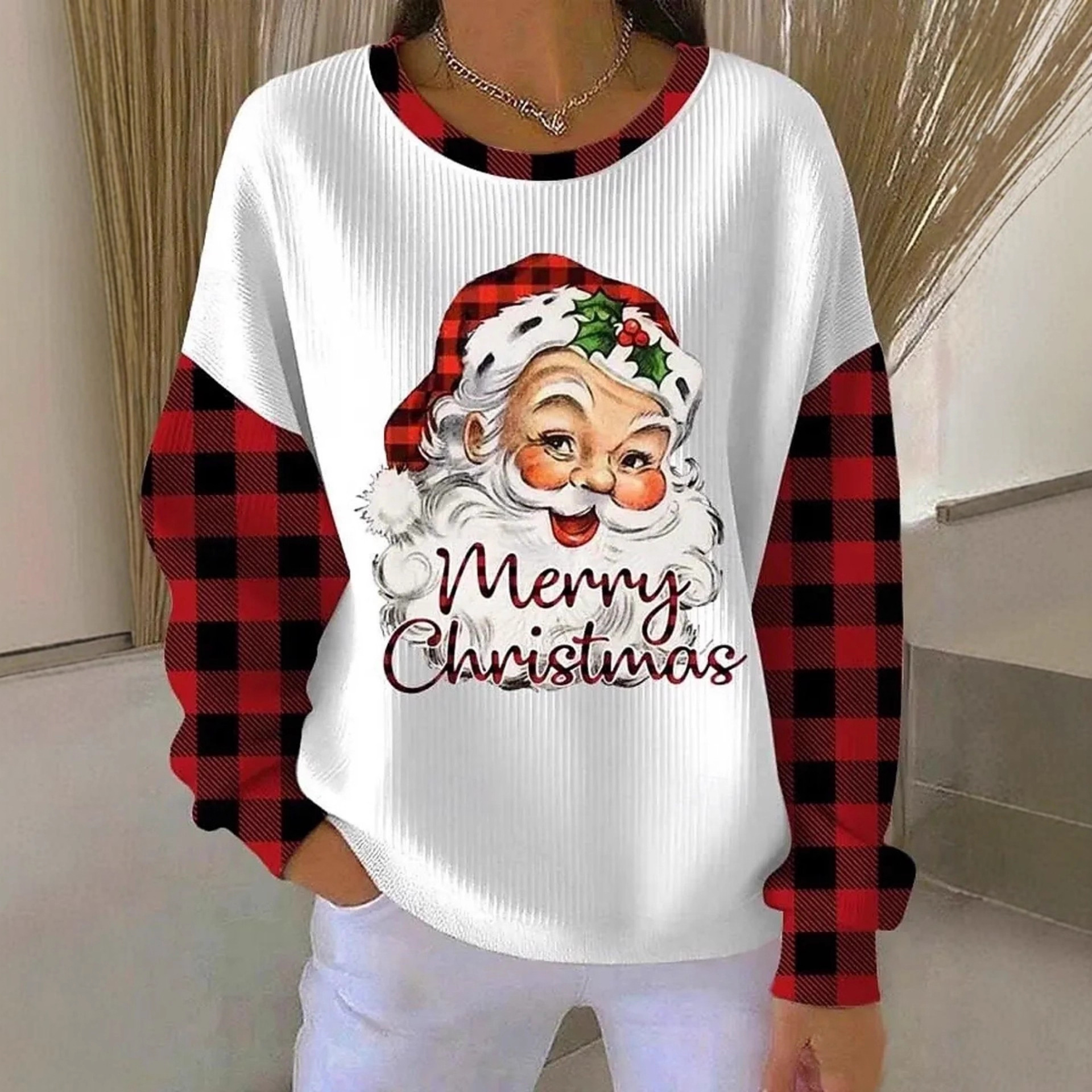 Women's Christmas Bow Plaid Print Crewneck Sweatshirt