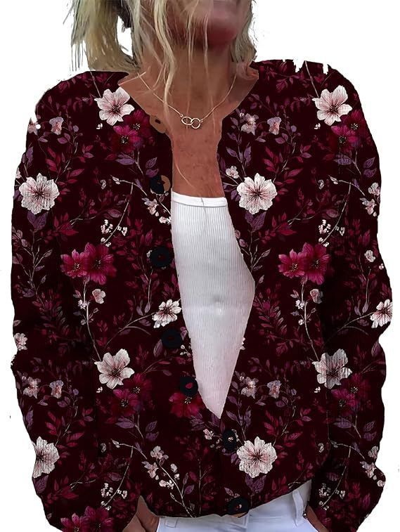 Women's Floral Leopard Snowflake Leaf Print Button Cardigan Sweater