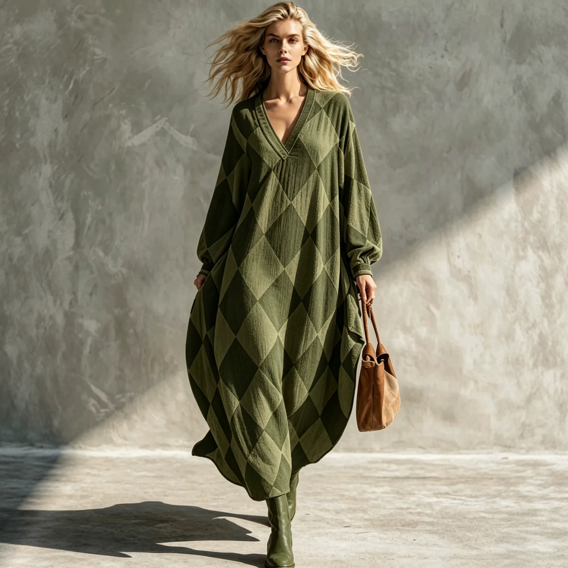 Retro Plaid V-Neck Lantern Sleeve Loose Casual Dress