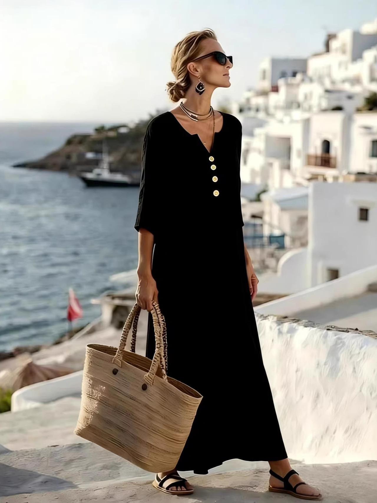 Relaxed V-Neck Long Dress Loose Elegant Casual Vacation