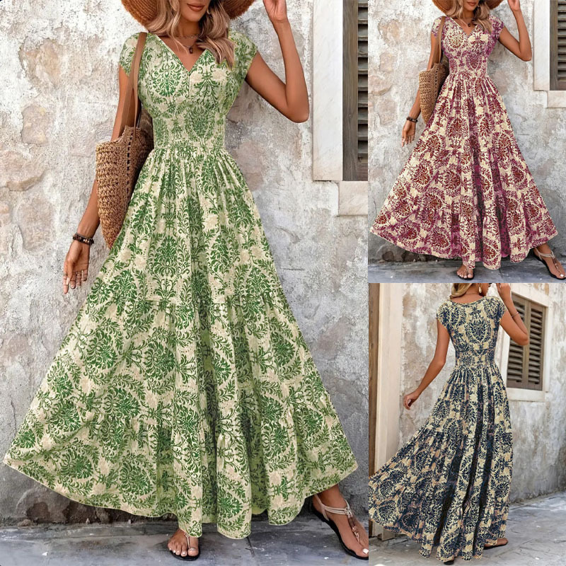 Vintage Floral Print V-Neck Short Sleeve A-Line Maxi Dress