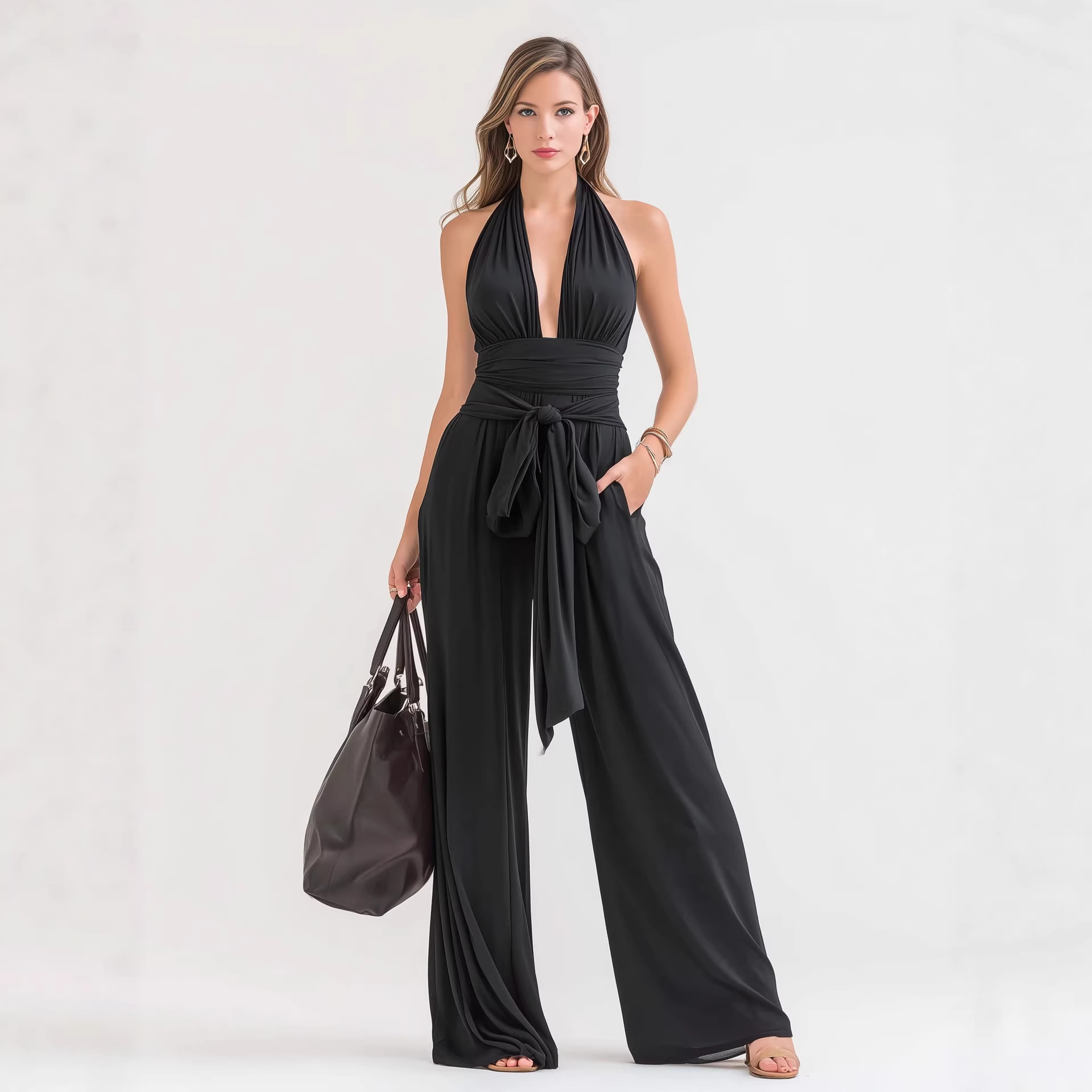 Elegant Halter V-Neck Long Sleeveless Jumpsuit Solid Color