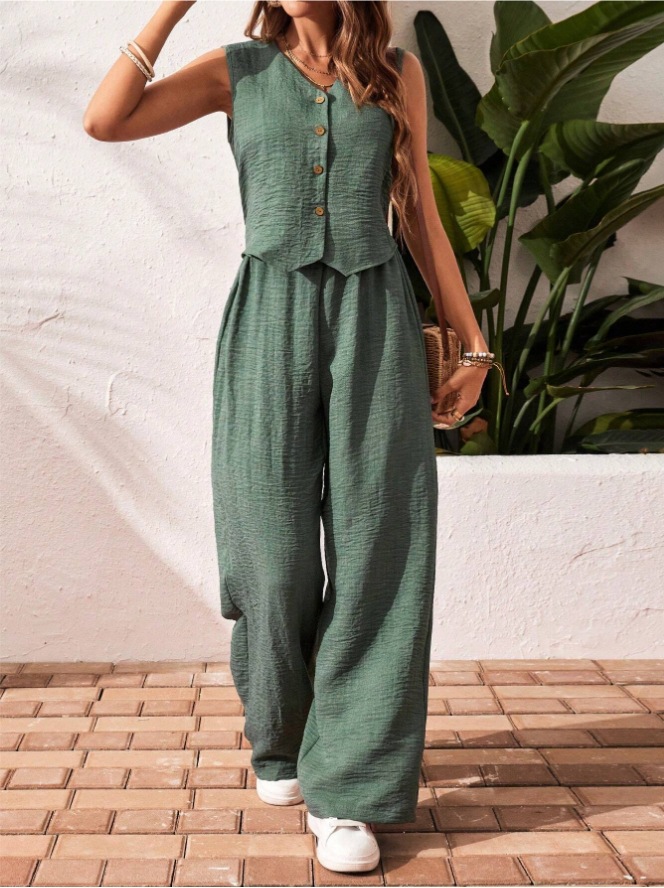 Linen Summer Vest and Pants Set with V-Neck Button-Front Top