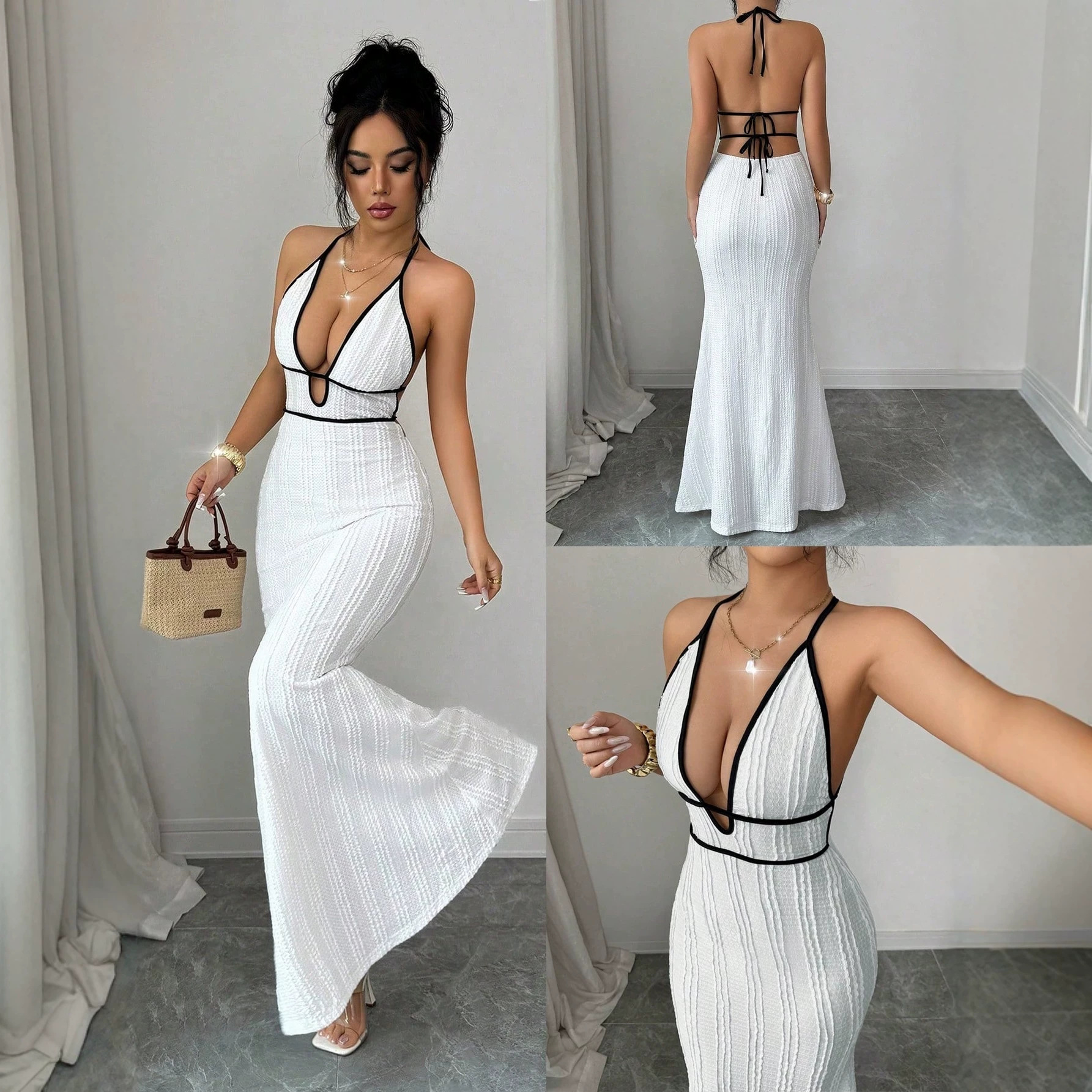 Color-Block Halter Open-Back Maxi Dress with Deep V Cutout and Lace-Up Mermaid Silhouette