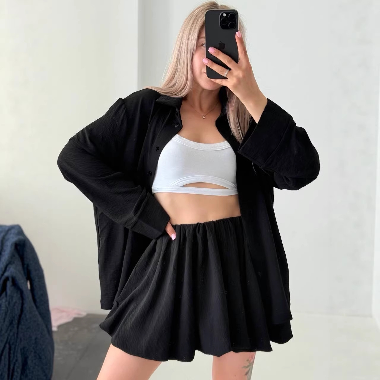 Women's Long Sleeve Ruffle Shirt and Shorts Casual Set