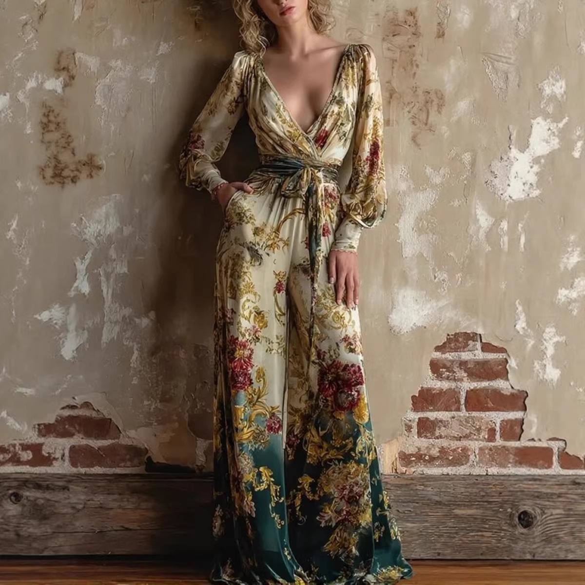 Women's Deep V Lantern Sleeve Floral Print Tie Wide Leg Jumpsuit