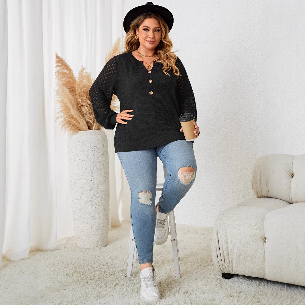 Women's Plus Size Lace-Trim Button Knit Long-Sleeve Top