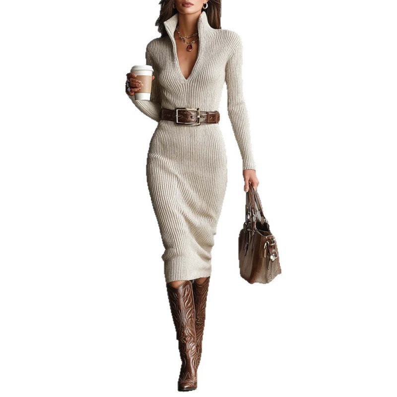 French-Style High-Neck Long-Sleeve Bodycon Dress with Waist Detail