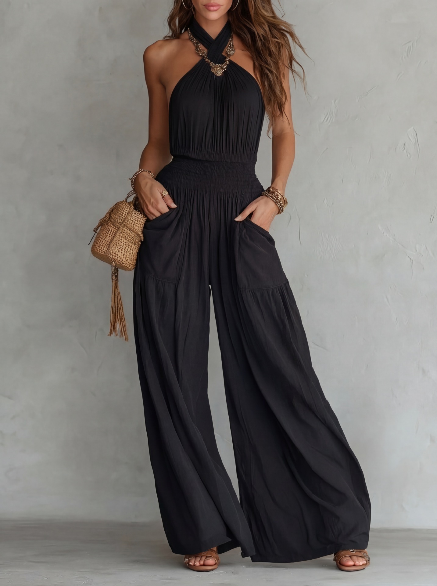 Bohemian Open-Back Sleeveless Wide-Leg Jumpsuit with Smocking and Pockets