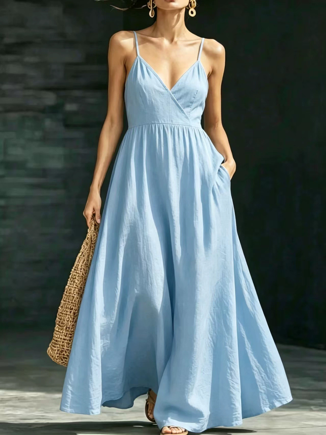 V-Neck Sleeveless Midi Dress with Pockets Elegant Casual