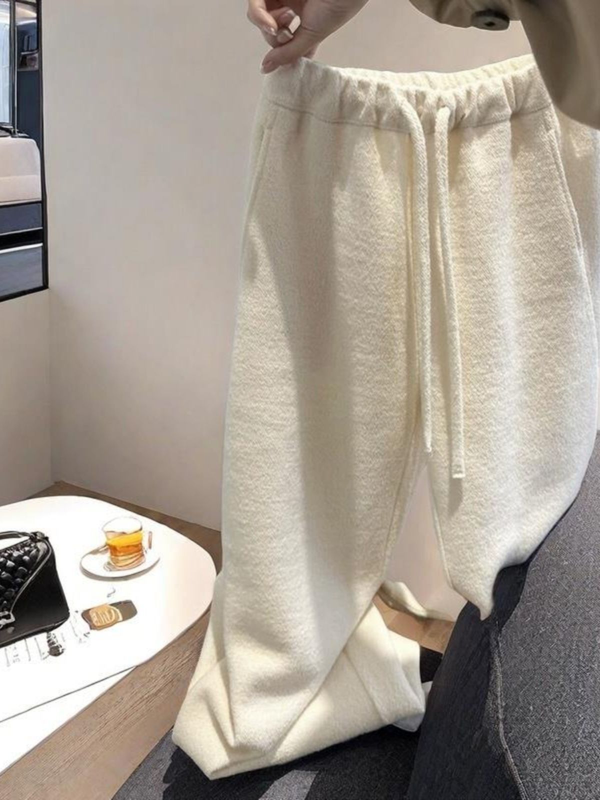 Off-White High-Waist Wide-Leg Fleece-Lined Pants