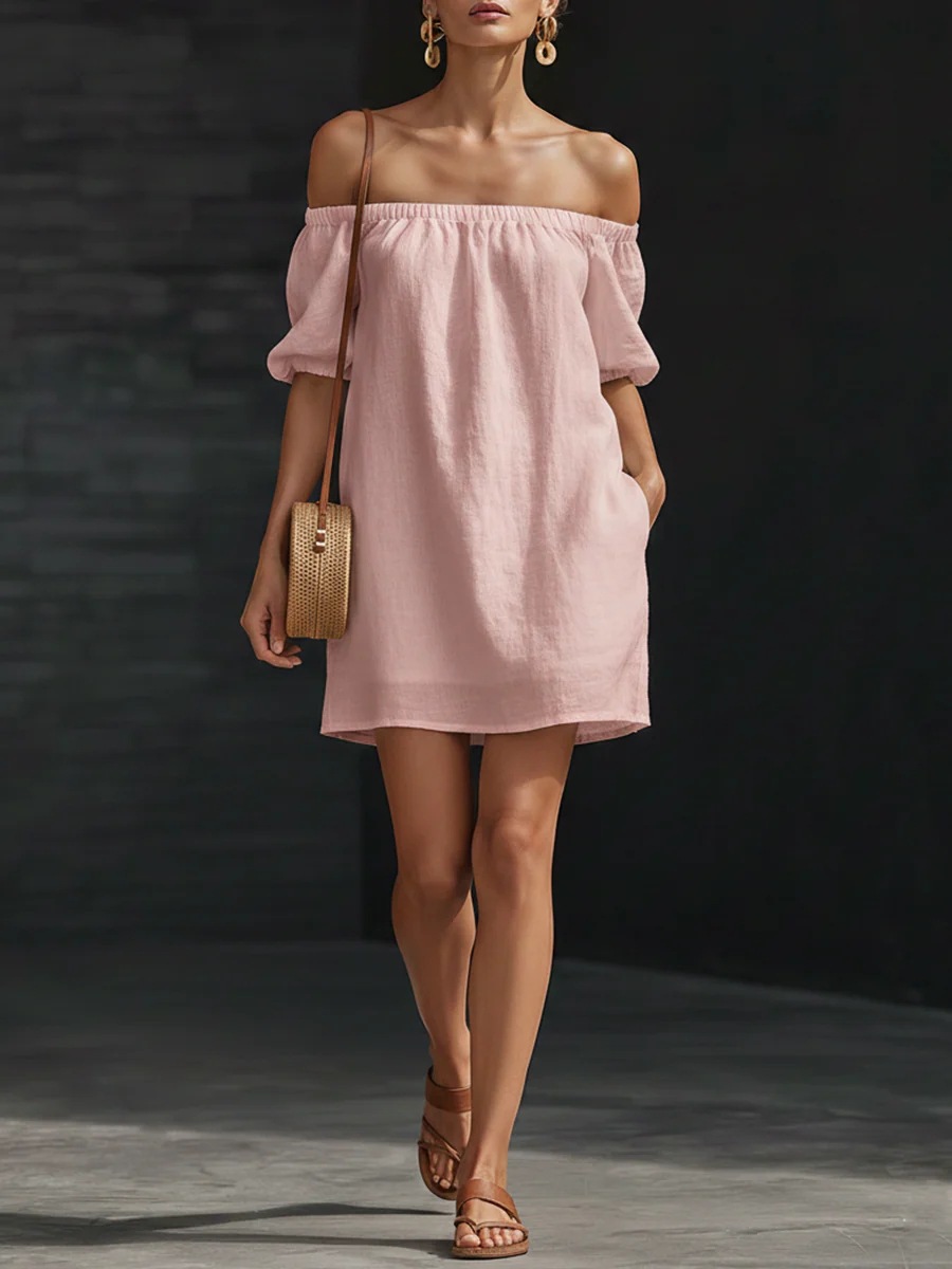 Women's Off-Shoulder One-Line Neck Solid Color Loose Dress