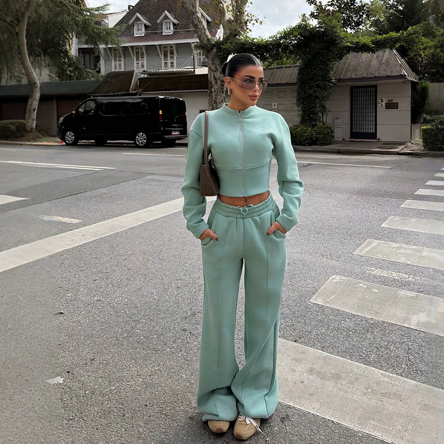 Women's Solid Zip Cardigan & Wide-Leg Pants Set Casual Knit Two-Piece