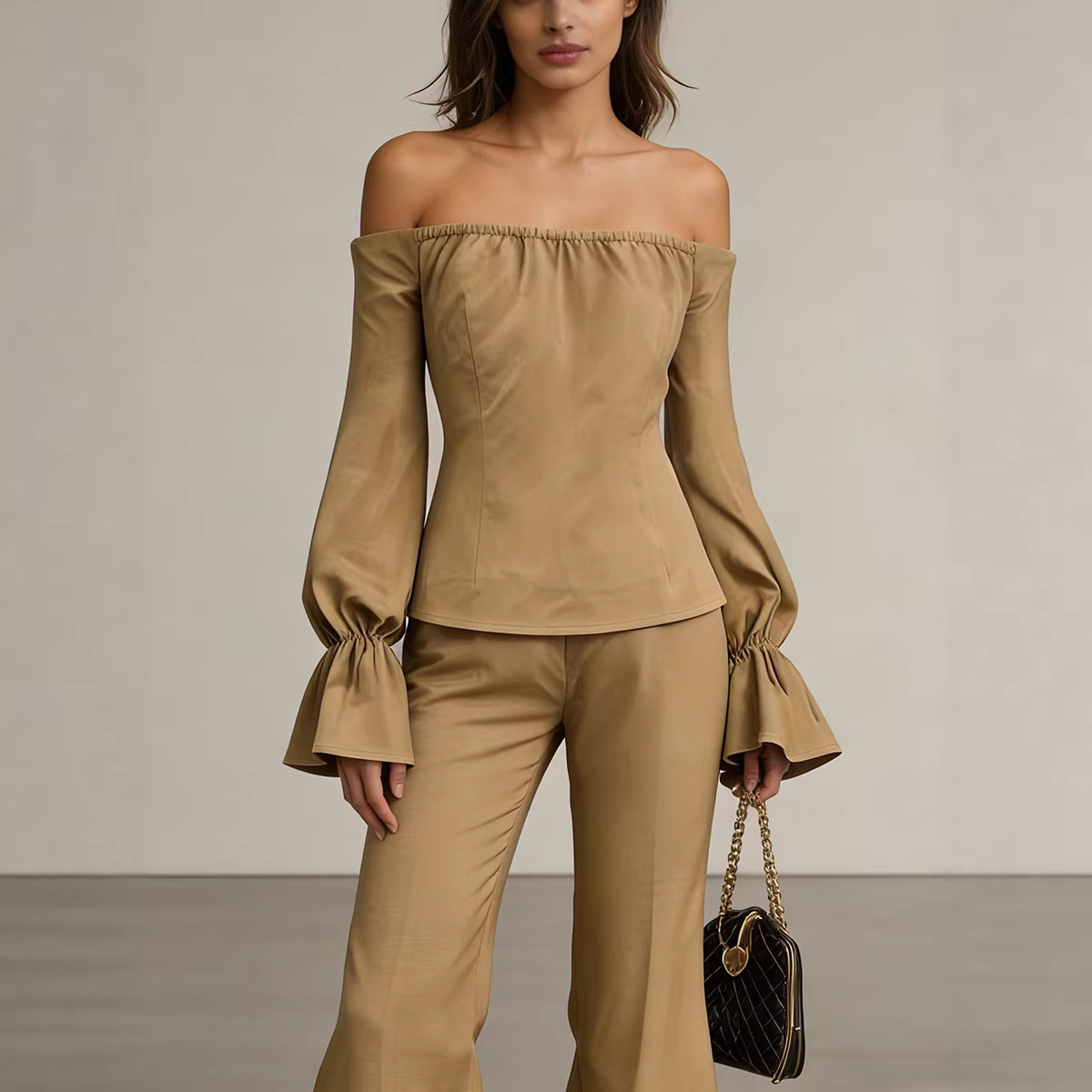 Puff Sleeve Off-Shoulder Top and Wide-Leg Pants Two-Piece Set