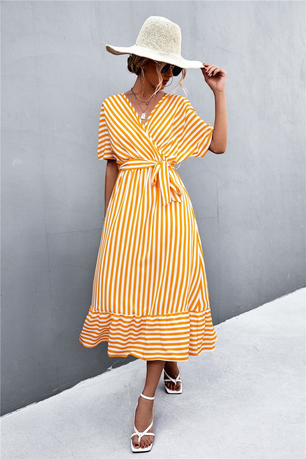 Cross V-Neck Tie Striped Midi Dress
